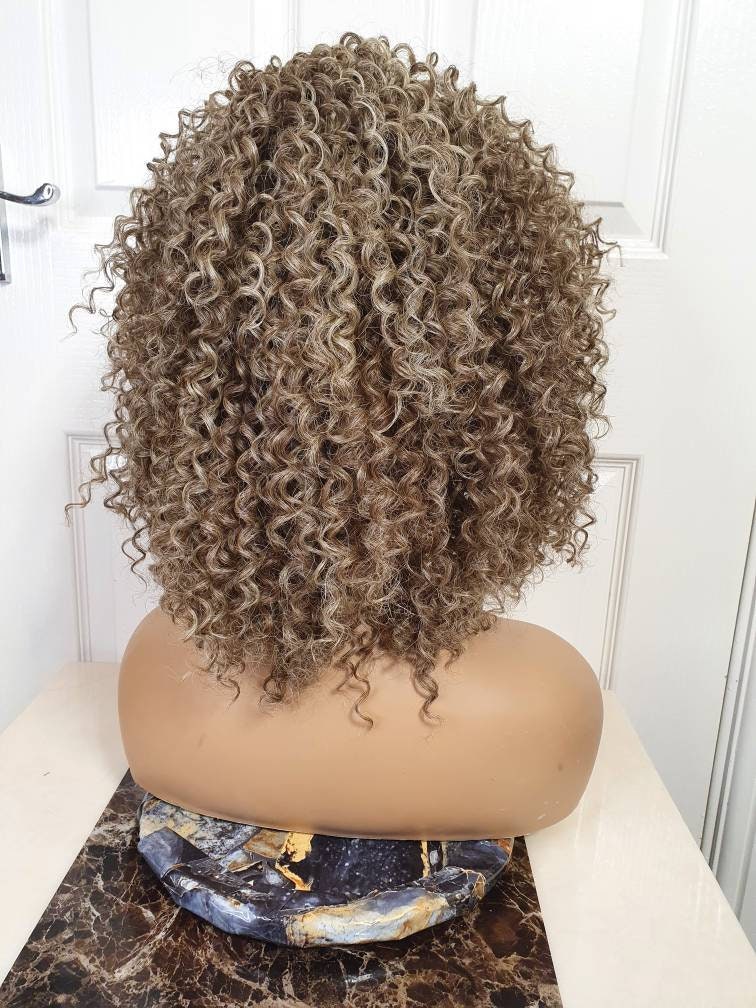 Human hair blend Full Perm Curly Tight Curls Afro Style Golden Brown D –  Hairnwear