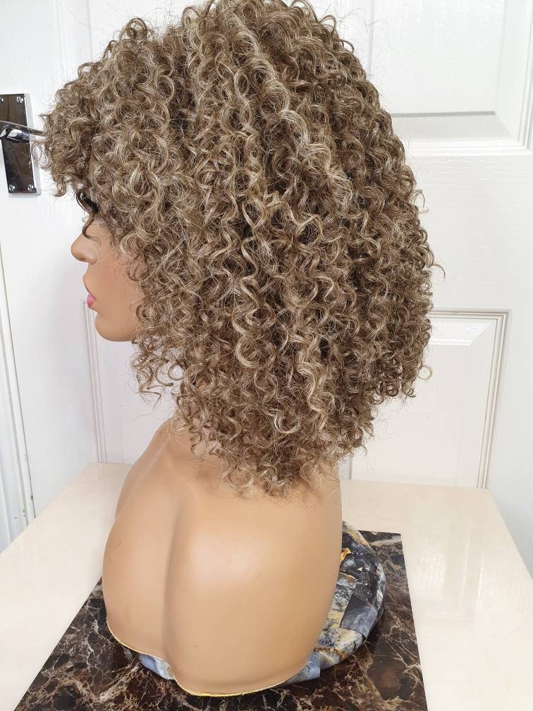 Human hair blend Full Perm Curly Tight Curls Afro Style Golden Brown D –  Hairnwear